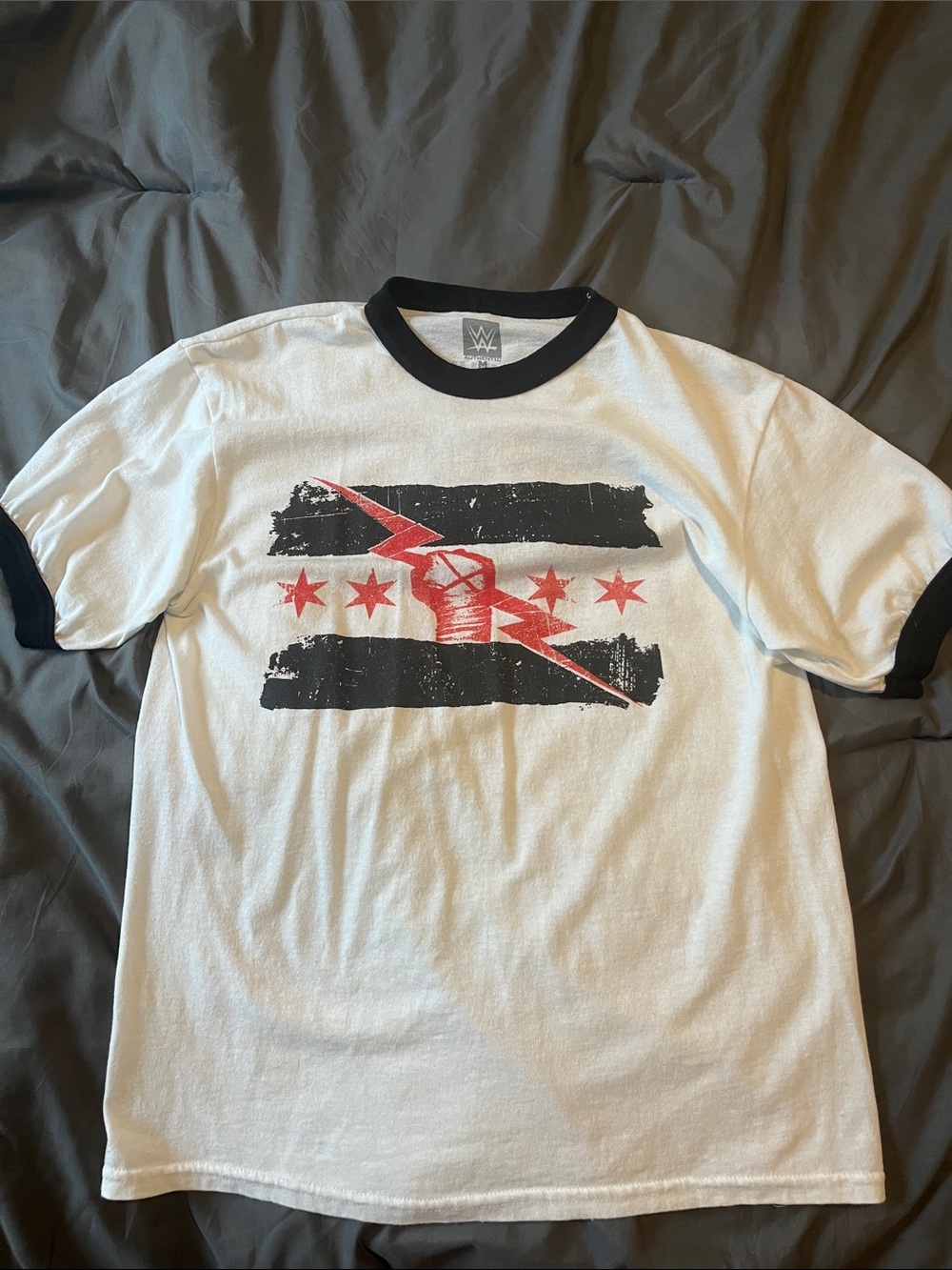 WWE CM Punk White Ringer Tee with Black Trim and Red Graphic